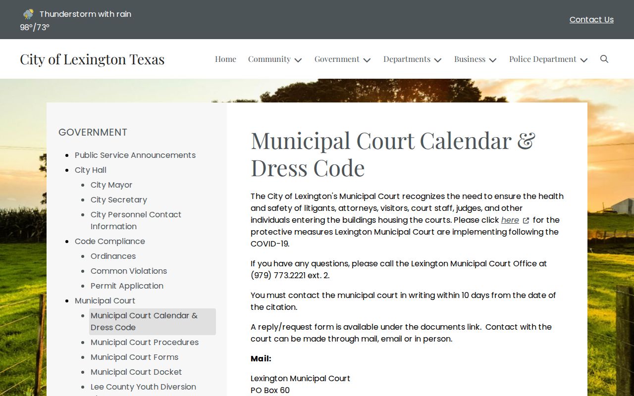 Lexington Municipal Court contact calendar and public instructions