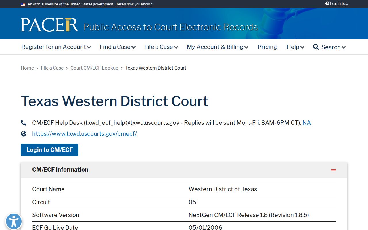 PACER court docket lookup for the Western District of Texas